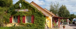 camping with swimming pool in burgundy caravane